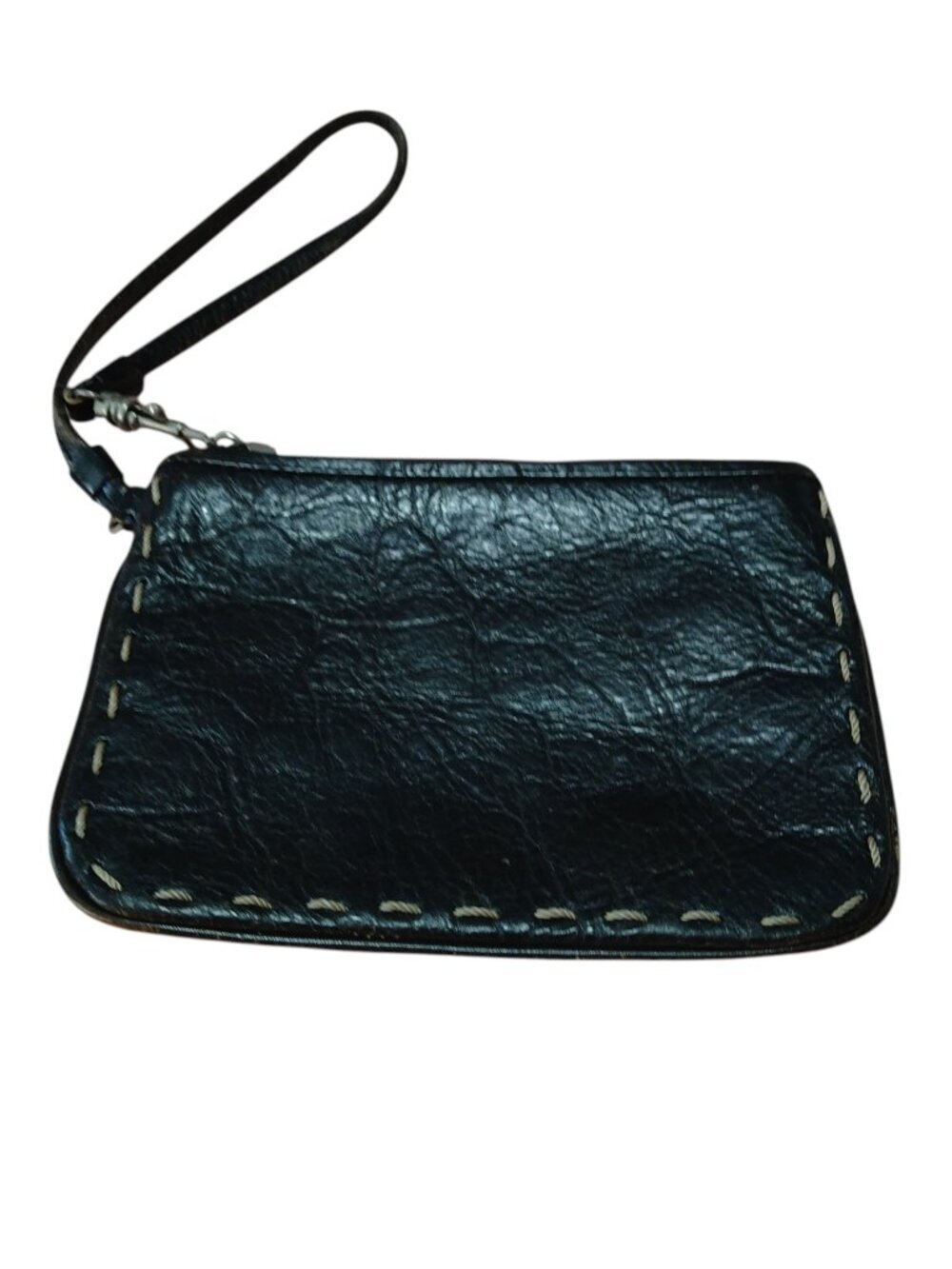 Fossil Black Wristlet Zip Closure Stitch Accent Leather Classic Logo 4 x 6 Inch